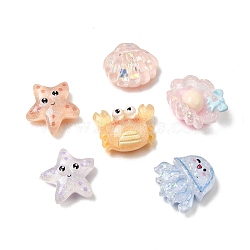 Ocean Animals Transparent Resin & Paillette & Glitter Powder Cabochons, Mixed Shapes, Mixed Color, 12.5~16.5x15.5~17x5~7mm(RE-CBAA73D-01)