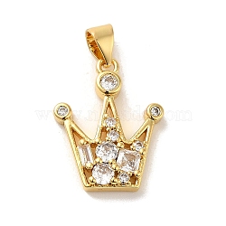 Rack Plating Brass Micro Pave Clear Cubic Zirconia Pendants, Long-Lasting Plated, Cadmium Free & Lead Free, Real 18K Gold Plated, Crown, 19.5x15x3mm, Hole: 4x3mm(KK-C047-21A-G)