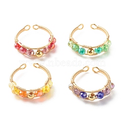 Electroplate Faceted Glass Beads Cuff Rings for Teen Girl Women, Copper Wire Wrap Open Rings, Golden, Mixed Color, US Size 7 1/4~8 1/2(17.5~18.5mm), 4pcs/set(RJEW-TA00013)