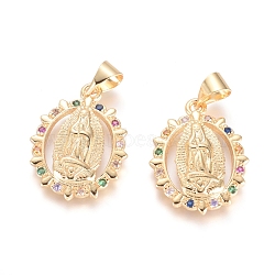 Brass Micro Pave Cubic Zirconia Pendants, Long-Lasting Plated, Oval with Virgin Mary, Colorful, Golden, 20x15x3mm, Hole: 5x3mm(KK-I657-34G)