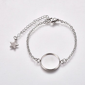 304 Stainless Steel Bracelet Making, with Lobster Claw Clasps, Cable Chains and Flat Round Cabochon Settings, Stainless Steel Color, Tray: 12mm, 5-1/2 inch(14cm)