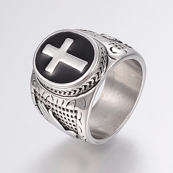 304 Stainless Steel Finger Rings, with Enamel, Wide Band Rings, Cross, Antique Silver, 17~22mm