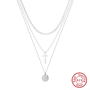 925 Sterling Silver 3 Layer Necklaces, Real Platinum Plated, 14.09 inch(35.8cm)