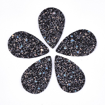 PU Leather Big Pendants, with Glitter Sequins/Paillette, Teardrop, Black, 57.5x37x2.5mm, Hole: 1.8mm