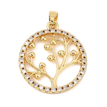 Brass Micro Pave Clear Cubic Zirconia Pendants, Flat Round with Heart Shaped Tree Charms, Golden, 25x22x2.5mm, Hole: 5x3.5mm
