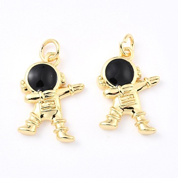 Brass Enamel Pendants, with Jump Ring, Long-Lasting Plated, Real 18K Gold Plated, Astronaut, Black, 18.5x13.5x3mm, Hole: 3.4mm, Jump Ring: 5x0.8mm, 3.4mm Inner Diameter