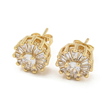 Brass Micro Pave Cubic Zirconia Ear Studs, Flat Round, Real 18K Gold Plated, 11mm