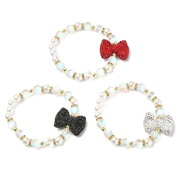 3Pcs 3 Color Synthetic Moonstone & Hematite & Plastic Pearl Beaded Stretch Bracelets Set, Rhinestone Bowknot Stackable Bracelets, Mixed Color, Inner Diameter: 2-1/4 inch(5.6cm), 1Pc/style