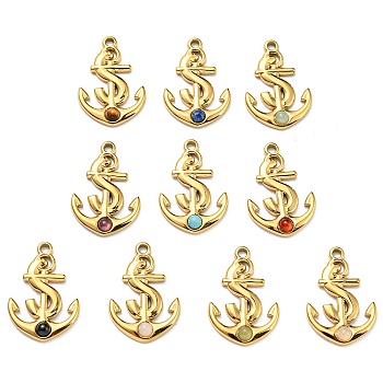 Natural & Synthetic Mixed Stone Anchor Pendants, Anchor Charms with Ion Plating(IP) Real 24K Gold Plated 316 Stainless Steel Findings, 23x16x3mm, Hole: 1.5mm