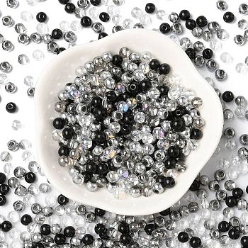 Glass Beads, Round, Mixed Style, Black, 4~4.5x4mm, Hole: 0.8mm, about 1000pcs/1 bag