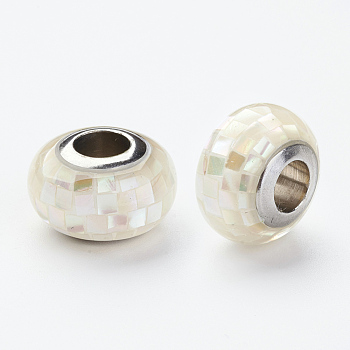 304 Stainless Steel Resin European Beads, with Shell and Enamel, Rondelle, Large Hole Beads, Beige, 12x8mm, Hole: 5mm