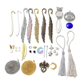DIY Metal Feather Bookmark Making Kits, Including Alloy & Brass Bookmarks & Pendants, Polyester Tassel & Stainless Steel Charms, Cat Eye Cabochons & Shell Pearl Beads, Mixed Color