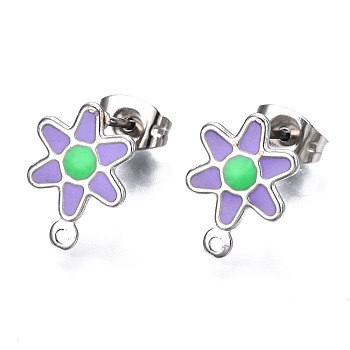 304 Stainless Steel Enamel Stud Earring Findings, with Loop and Ear Nuts/Earring Backs, Flower, Medium Orchid, 12.5x9mm, Hole: 1mm, Pin: 0.8mm