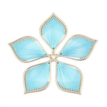 Alloy Big Pendants, with Polyester Thread, Leaf, Golden, Dark Turquoise, 55~56x33~34x2mm, Hole: 2mm