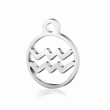 201 Stainless Steel Charms, Flat Round with Constellation, Stainless Steel Color, Aquarius, 13.4x10.8x1mm, Hole: 1.5mm