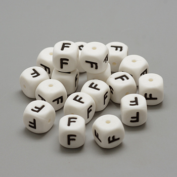 Food Grade Eco-Friendly Silicone Beads, Chewing Beads For Teethers, DIY Nursing Necklaces Making, Letter Style, Cube, Letter.F, 12x12x12mm, Hole: 2mm