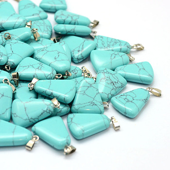 Trapezoid Dyed Synthetic Turquoise Pendants, with Platinum Tone Brass Findings, 24~25.5x16.5~17x5~6mm, Hole: 2x7mm