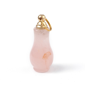 Natural Rose Quartz Openable Perfume Bottle Pendants, Faceted Gourd Charm, with Golden Tone Brass Findings, 41.5x18mm, Hole: 10.5mm