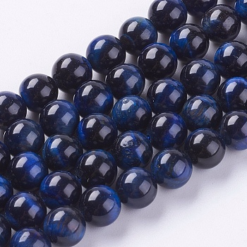 Natural Tiger Eye Beads Strands, Grade A, Dyed, Round, Medium Blue, 8mm, Hole: 1mm, about 48pcs/strand, 15.75 inch