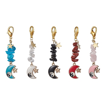 Moon & Star Alloy Enamel Pendants Decoraiton, Natural & Synthetic Gemstone Chip Beads and Lobster Claw Clasps Charm, 64mm