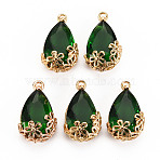 Transparent Glass Pendants, for DIY Jewelry Making, with Brass Findings, Faceted, Teardrop with Flower, Light Gold, Green, 16x9x6mm, Hole: 1.2mm(X-GLAA-T007-05J)