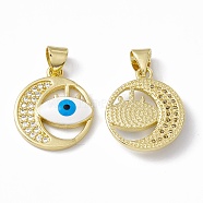 Rack Plating Brass Micro Pave Clear Cubic Zirconia Charms, with Enamel, Long-Lasting Plated, Cadmium Free & Lead Free, Flat Round with Evil Eye, Real 18K Gold Plated, 18x15x3mm, Hole: 4x3mm(ZIRC-C041-27G)