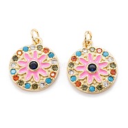 Real 18K Gold Plated Brass Micro Pave Cubic Zirconia Pendants, with Enamel and Jump Ring, Long-Lasting Plated, Flat Round with Flower, Pink, 19x16x3mm, Jump Ring: 5x0.8mm, 3.4mm inner diameter(ZIRC-M114-51G-02)