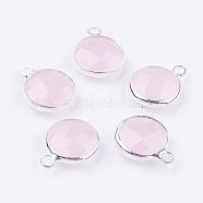 Silver Color Plated Brass Glass Flat Round Charms, Faceted, Lavender Blush, 12x8.5x3mm, Hole: 1.5mm(GLAA-M003-A-13S)