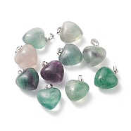 Natural Fluorite Pendants, with Platinum Brass Loops, Heart, 18~19x15~15.5x6~8mm, Hole: 6x2.5~3mm(G-I311-A20)