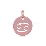 304 Stainless Steel Charms, Flat Round with Constellation/Zodiac Sign, Rose Gold, Cancer, 12x1mm, Hole: 3mm(STAS-Q201-T445-4R)