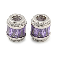 Rack Plating Brass Micro Pave Cubic Zirconia European Beads, Long-Lasting Plated, Lead Free & Cadmium Free, Column, Platinum, Lilac, 11.5x10mm, Hole: 4.5mm(KK-F089-31P-04)