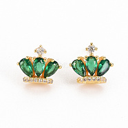 Brass Micro Pave Cubic Zirconia Stud Earrings, Nickel Free, Crown, Green, Real 18K Gold Plated, 9.5x11.5mm, Pin: 0.8mm(X-KK-S356-251-NF)
