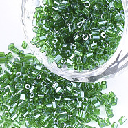 Grade A Glass Seed Beads, Hexagon(Two Cut), Transparent Colours Lustered, Sea Green, 1.5~2.5x1.5~2mm, Hole: 0.8mm, about 2100pcs/bag, 450g/bag(SEED-S022-03O)