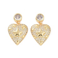Clear Cubic Zirconia Heart with Star Dangle Stud Earrings, Brass Jewelry for Women, Golden, 29mm, Pin: 0.8mm(EJEW-P224-10G)