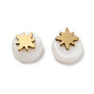 Natural Shell Flat Round Beads, with 304 Stainless Steel Star Ornament, Real 18K Gold Plated, 6x4mm, Hole: 0.6mm(BSHE-Z004-02)