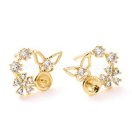 Brass Micro Pave Clear Cubic Zirconia Stud Earring Findings, for Half Drilled Beads, Flower with Butterfly, Real 18K Gold Plated, 12x14mm, Pin: 0.6mm, Tray: 3.5mm, Pin: 0.8mm(ZIRC-F133-08G)