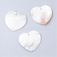 Freshwater Shell Big Pendants, Heart, Floral White, 48~50x48~51.5x2~3mm, Hole: 2mm(SHEL-S249-20)