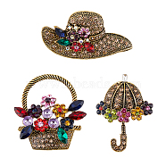 3Pcs 3 Style Colorful Rhinestone Umbrella & Hat & Flower Basket Brooch Pin, Cute Alloy Badge for Backpack Clothes, Antique Golden, 27~44x31.5~52x7.5~9mm, 1Pc/style(JEWB-FH0001-13)