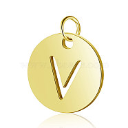 304 Stainless Steel Charms, Flat Round with Letter, Golden, Letter.V, 12x1mm, Hole: 2.5mm(STAS-S105-T514G-V)