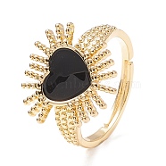 Black Cubic Zirconia Heart Sun Adjustable Ring, Brass Jewelry for Women, Cadmium Free & Lead Free, Real 18K Gold Plated, Inner Diameter: 16.2~21mm(RJEW-C028-03G)