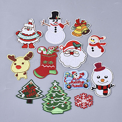 Christmas Theme, Computerized Embroidery Cloth Iron On/Sew On Patches, Appliques, Father Christmas & Bell & Milu Deer & Christmas Stocking & Snowman & Christmas Trees & Car & Snowflake, Mixed Color, 35~79.5x41~66x1.5mm, 120pcs/bag(AJEW-S076-039)