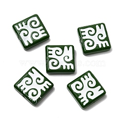 Baking Paint Glass Beads, Square with Symbol, with Enamel, Dark Green, 18x18x6mm, Hole: 1.4mm(LAMP-Z017-03B)