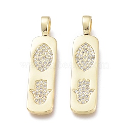 Brass Micro Pave Cubic Zirconia Pendants, Rectangle with Horse Eye and Hamsa Hand, Clear, Real 18K Gold Plated, 32.5x8x1.5mm, Hole: 3.5x5mm(ZIRC-F114-05-G)