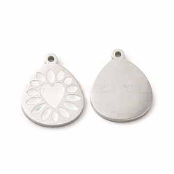 304 Stainless Steel Enamel Pendants, Teadrop with Heart Pattern, White, 15x12x1mm, Hole: 1.2mm(STAS-F291-04P-03)