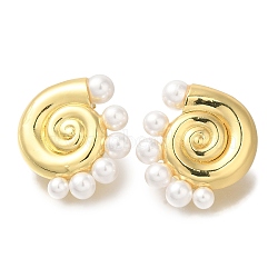 Rack Plating Shell Shape Brass Stud Earrings, with ABS Plastic Pearl, Long-Lasting Plated, Lead Free & Cadmium Free, Real 18K Gold Plated, 29.5x26mm(EJEW-H016-02G)