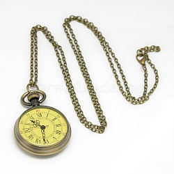 Alloy Flat Round Pendant Necklace Quartz Pocket Watch, with Iron Chains and Lobster Claw Clasps, Antique Bronze, 30.7inches; Watch Head: 44x34x11mm(WACH-N011-10)