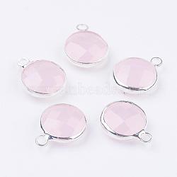 Silver Color Plated Brass Glass Flat Round Charms, Faceted, Lavender Blush, 12x8.5x3mm, Hole: 1.5mm(GLAA-M003-A-13S)