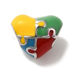304 Stainless Steel Enamel European Beads, Large Hole Beads, Heart with Puzzle Pattern, Stainless Steel Color, 10.5x12.5x8.5mm, Hole: 4.5x5mm(STAS-G308-25P)