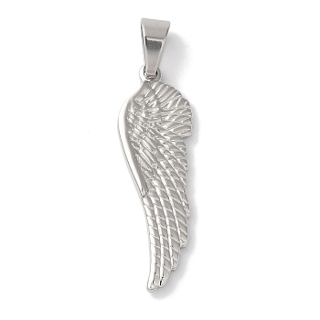 Non-Tarnish 304 Stainless Steel Pendants, Wing Charm, Stainless Steel Color, 39.5x13x3.5mm, Hole: 9x5mm