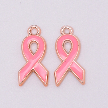 Plastic Enamel Pendants, October Breast Cancer Pink Awareness Ribbon, Pale Violet Red, 20x10x2mm, Hole: 1.5mm